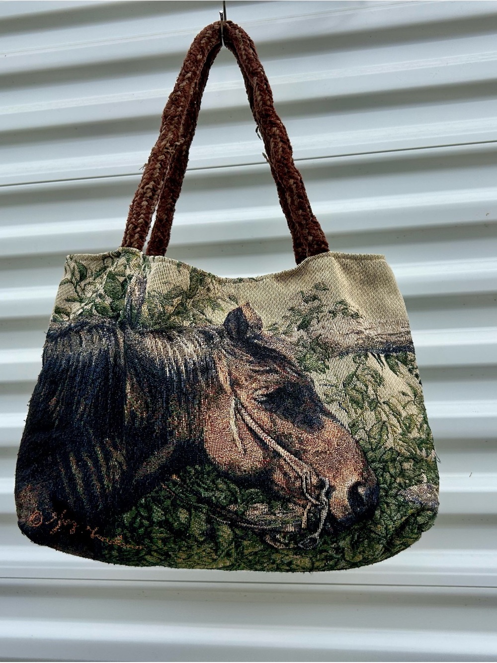 Horse Tapestry Tote Bag in Brown and Green